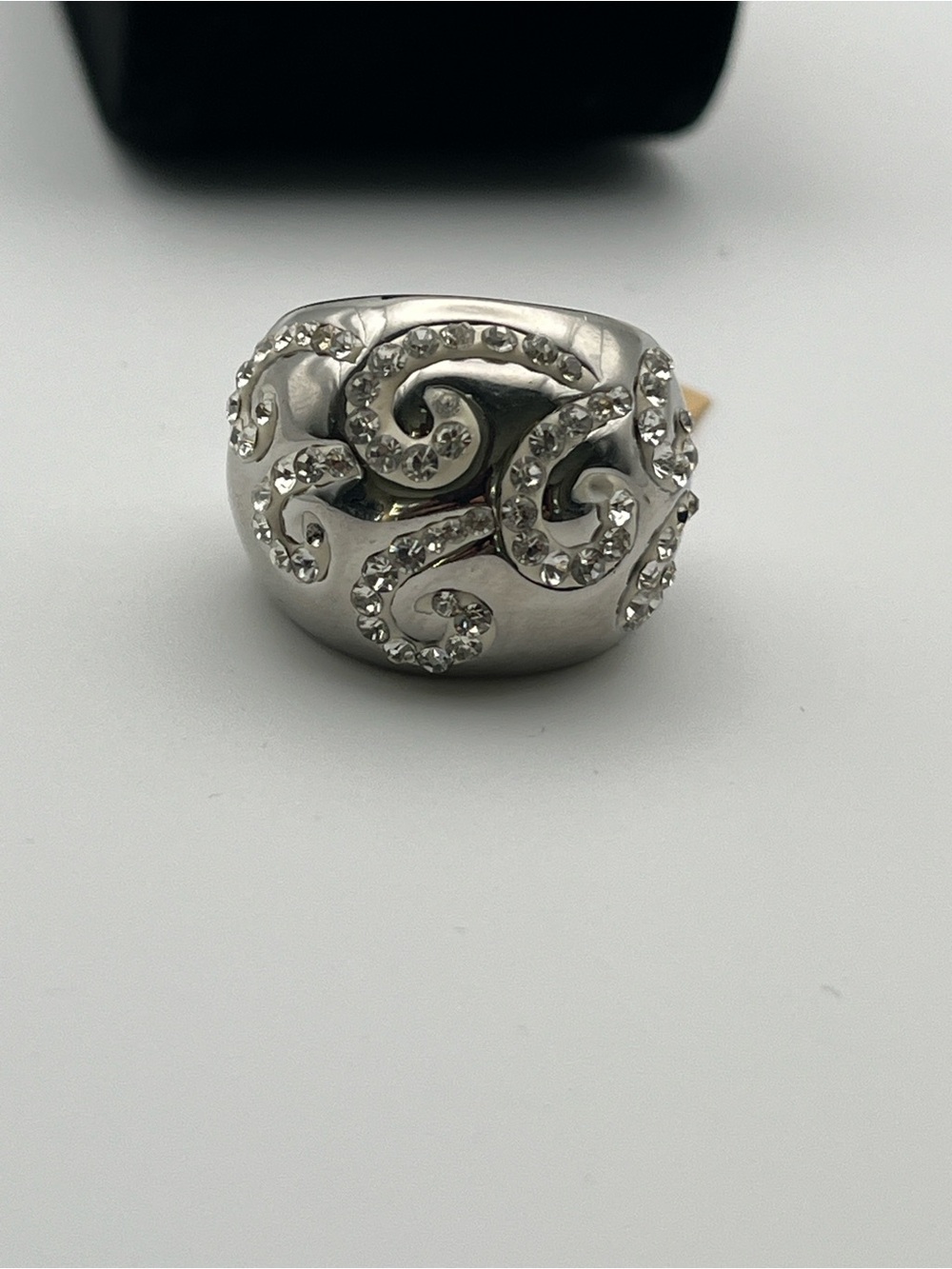Stainless Steel Crystal Swirl Statement Ring - Size 6